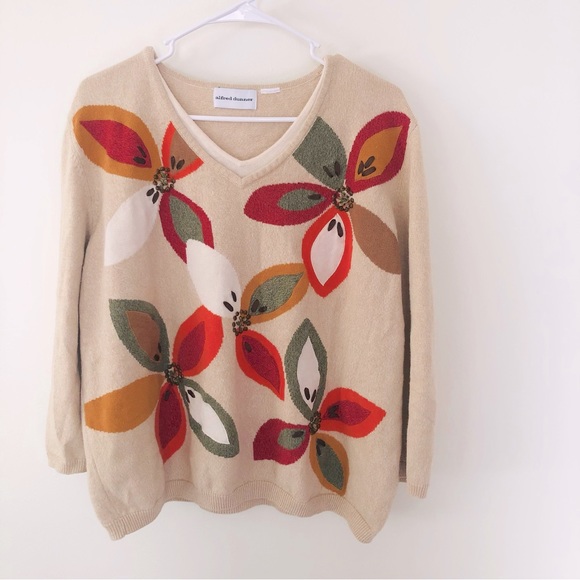 Alfred Dunner Sweaters - Vintage Alfred Dunner Floral Sweater Cream Neutral Women's M